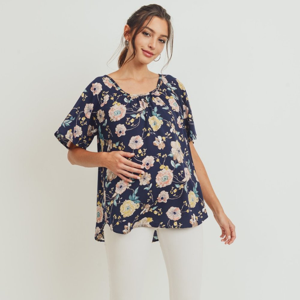 <CMT2028A> NAVY Floral Key Hole back Maternity Blouse